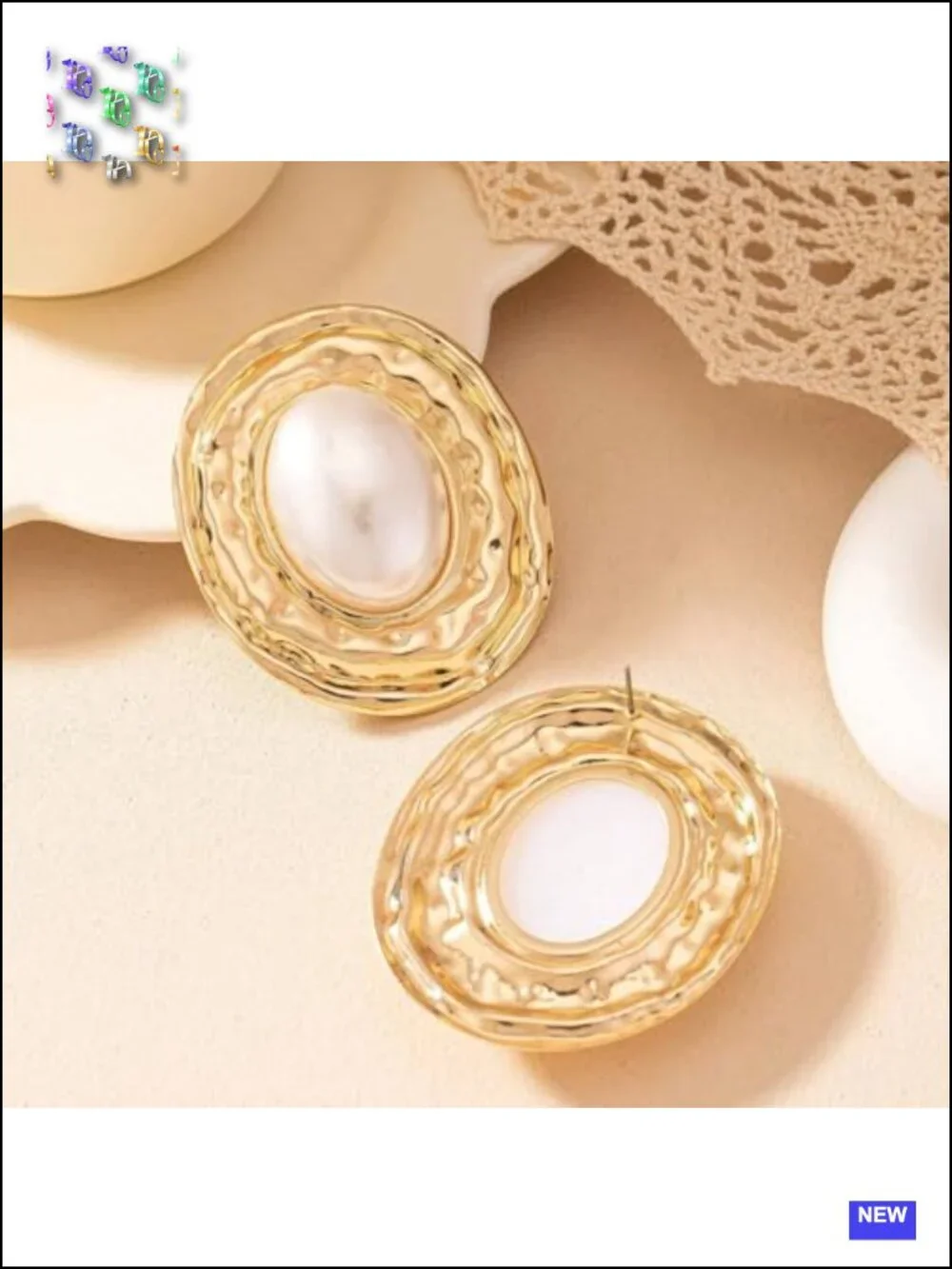 Large Gold Pearls Oval Dangling Earrings for Women Vintage Geometric Two Tone